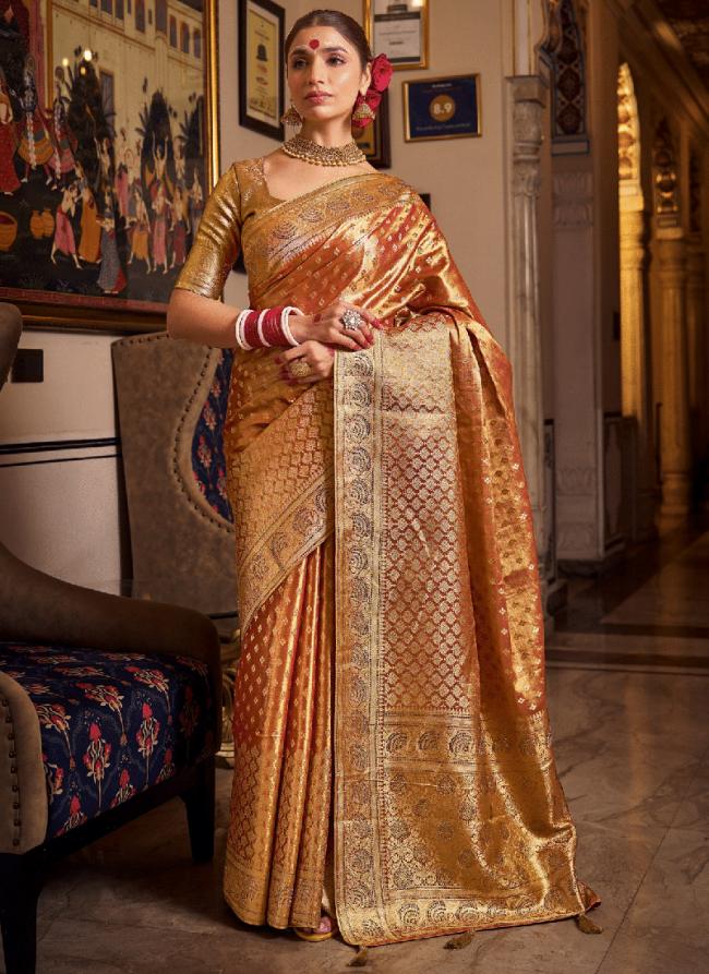 Tissue Silk Yellow, Gold Wedding Wear Swaroski Work Saree